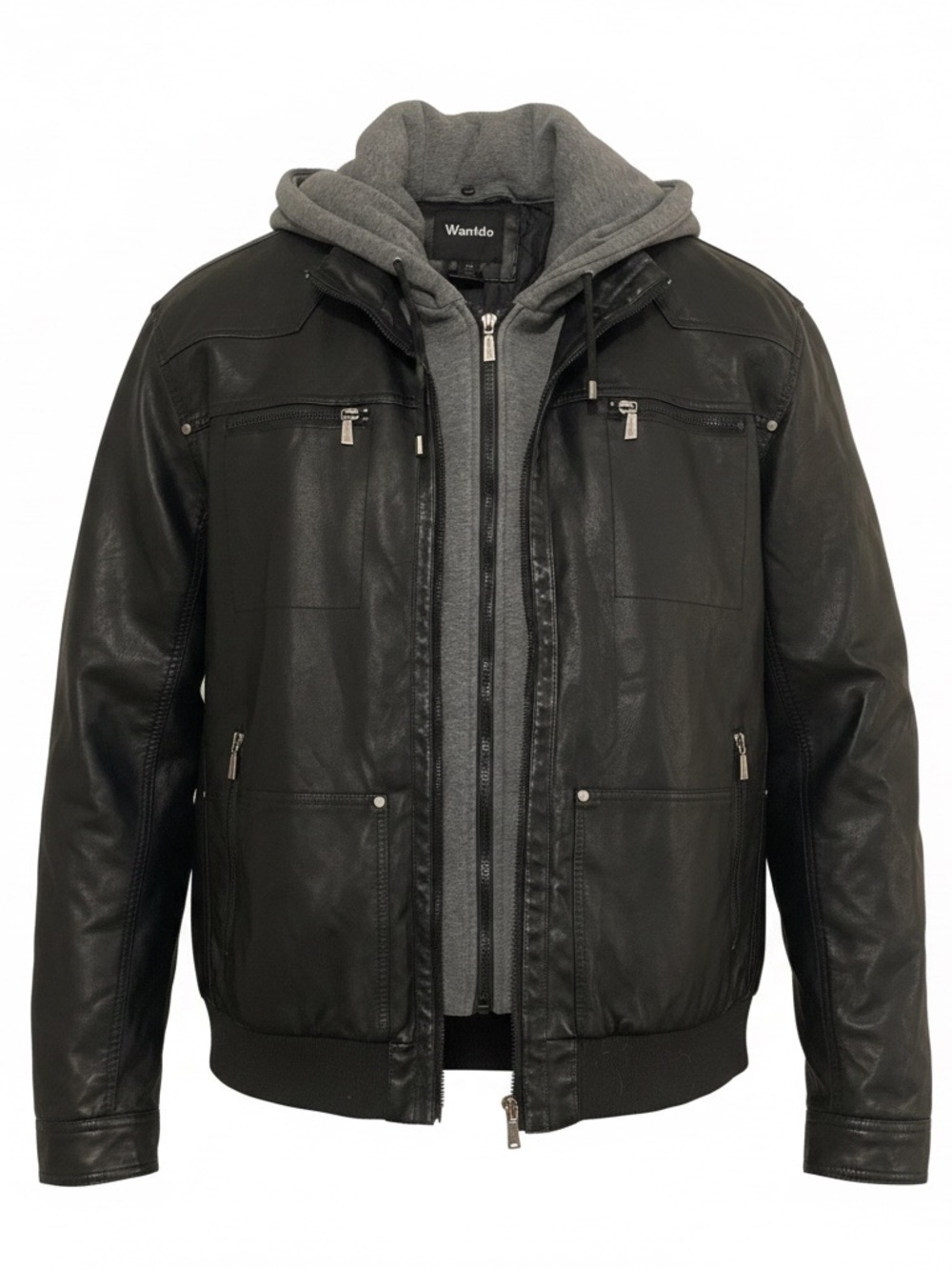 New Wantdo Men's Black Faux Leather Hooded Bomber Jacket 4XL - Grunge Streetwear